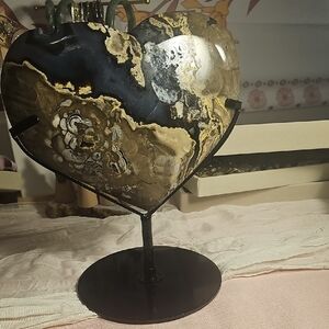 Decorative Volcano Agate Heart Stone on Metal Stand - Black and Gold